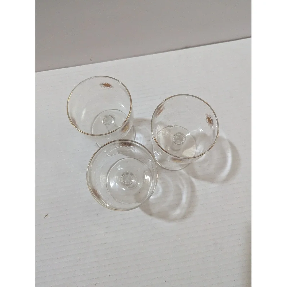 Vintage Mid Century Gold Atomic Starburst Coupe Champagne Glasses Set of 3